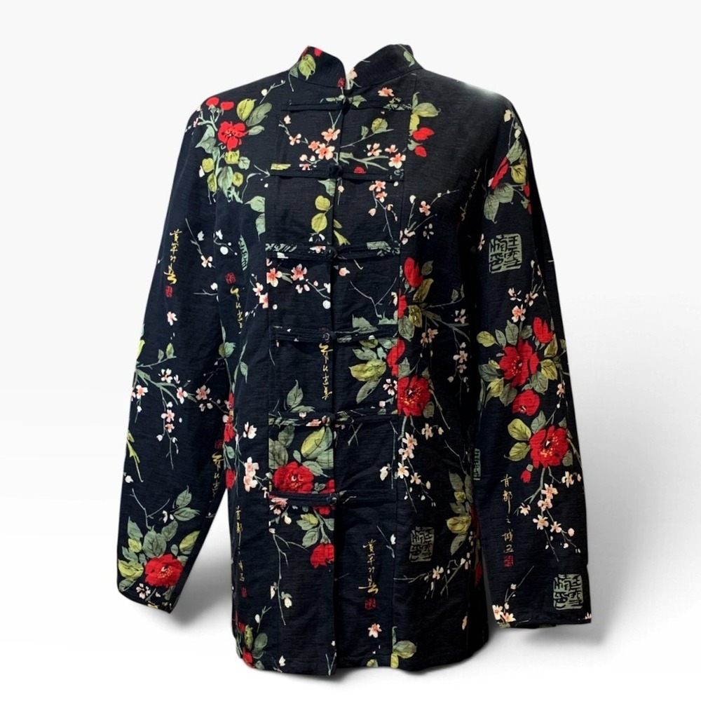 Silkland Silk Top Women 1X Black Red Floral Frog Button Mandarin Chinoiserie